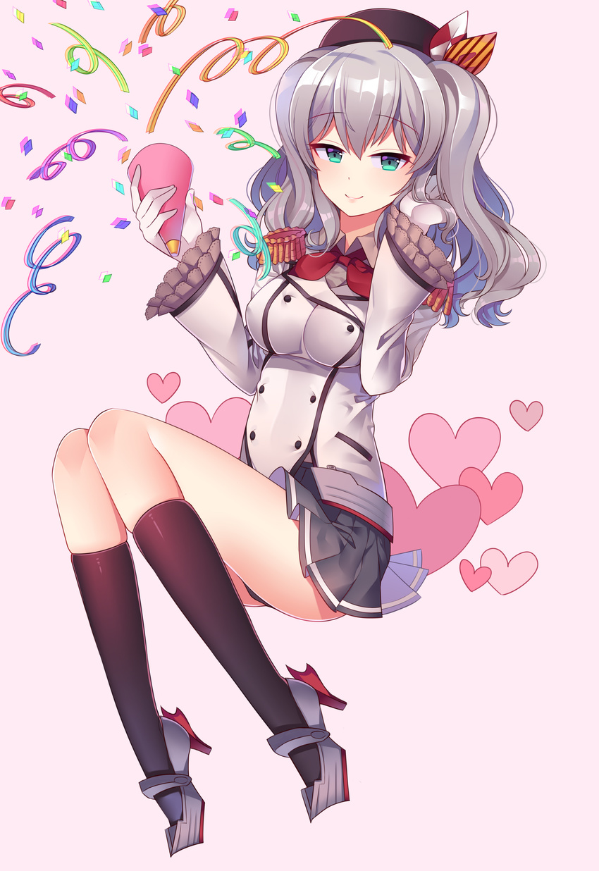 absurdres bad_id bad_pixiv_id black_legwear breasts chromatic_aberration confetti eyebrows_visible_through_hair full_body gloves green_eyes grey_hair grey_shirt hand_in_hair highres kantai_collection kashima_(kantai_collection) long_hair looking_at_viewer may_(2747513627) medium_breasts military military_uniform miniskirt party_popper pleated_skirt shirt skirt smile solo streamers thighhighs uniform white_gloves