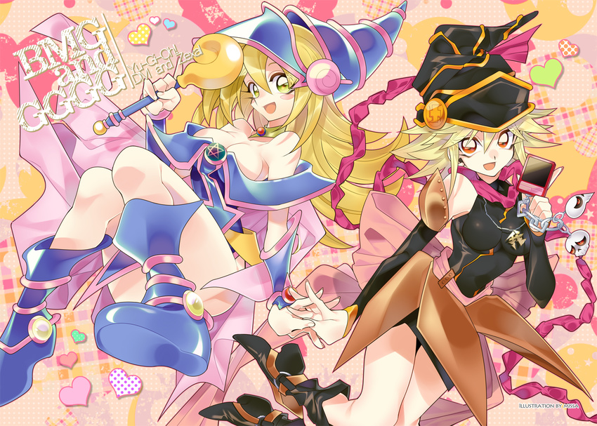 bare_shoulders blonde_hair blue_footwear breasts choker cleavage commentary_request dark_magician_girl duel_monster gagaga_girl hat large_breasts long_hair misaka_(missa) multiple_girls open_mouth staff wand wizard_hat yuu-gi-ou yuu-gi-ou_duel_monsters yuu-gi-ou_zexal