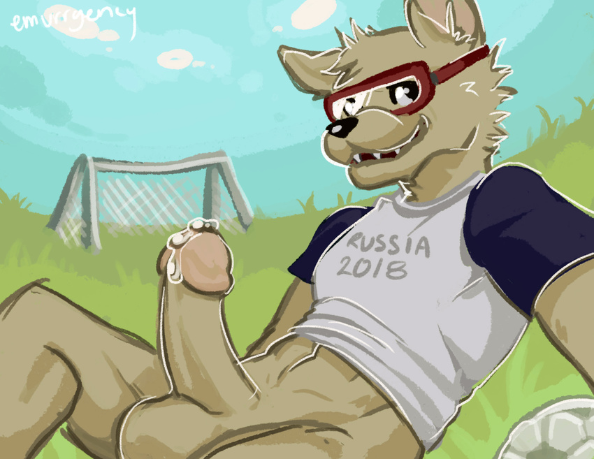 anthro athletic ball balls bottomless canine circumcised clothed clothing emurrgency english_text erection eyewear goggles jersey looking_at_viewer lying male mammal on_back outside penis precum selfie signature soccer soccer_ball solo sport spread_legs spreading text wolf zabivaka