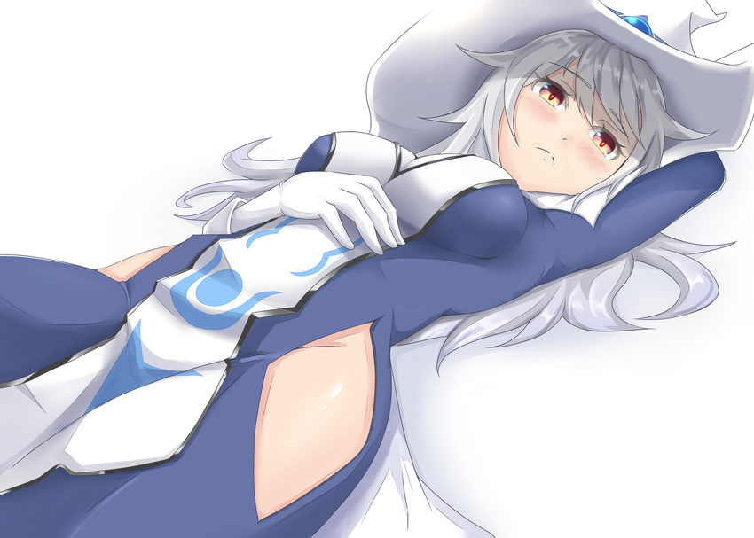 1girl adjusting_clothes adjusting_hat blush breasts dress duel_monster female gloves hat long_hair looking_at_viewer lying no_bra no_panties on_back red_eyes silent_magician silver_hair solo wizard_hat yu-gi-oh!
