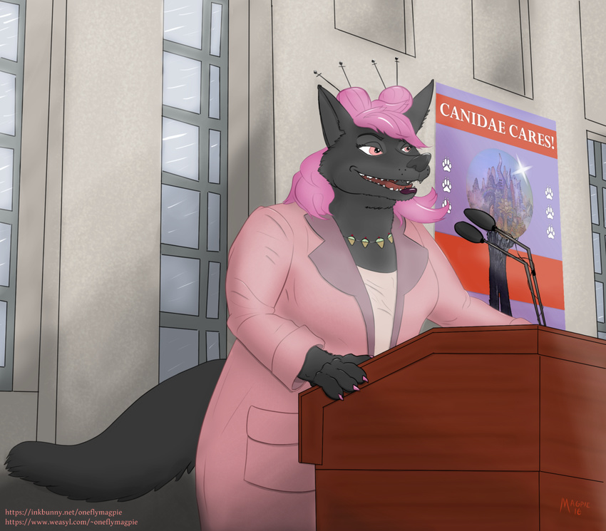 2016 anthro aurelina_canidae canine claws clothed clothing disney fan_character fangs female fur hair hairpin mammal oneflymagpie painted_claws pink_hair red_eyes slightly_chubby smile solo standing teeth text wolf zootopia