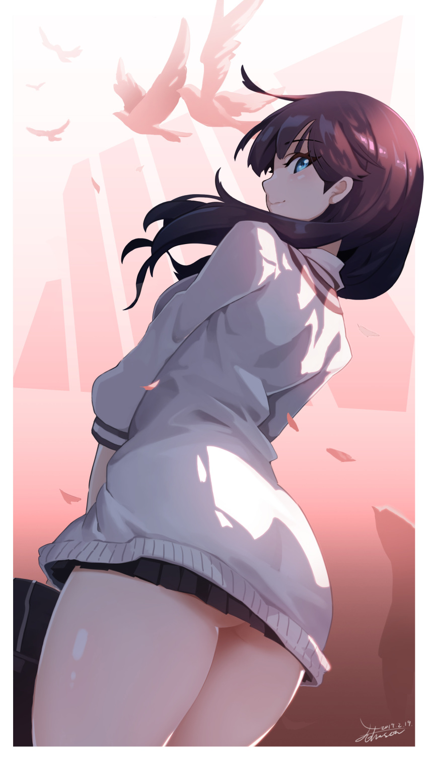 1girl absurdres artist_name ass back bangs bird black_hair black_skirt blue_eyes blush crow_aberdeen dated eyebrows_visible_through_hair from_behind highres long_hair long_sleeves looking_at_viewer looking_back miniskirt pleated_skirt profile school_uniform scrunchie skirt smile solo ssss.gridman standing takarada_rikka thighs v_arms