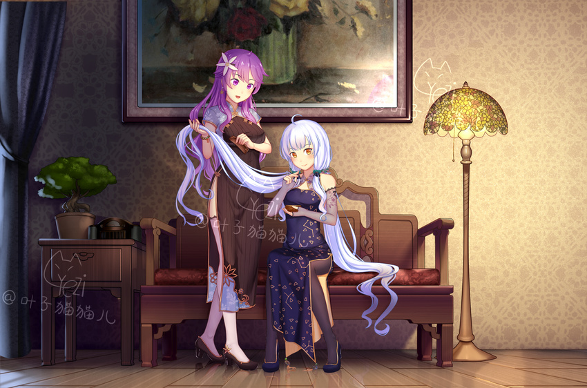 blue_dress bonsai breasts chinese_clothes couch curtains dongqing_zaozigao dress elbow_gloves floor_lamp flower gloves hair_flower hair_ornament high_heels highres indoors long_hair medium_breasts mo_qingxian multiple_girls orange_eyes painting_(object) pantyhose purple_eyes purple_hair quad_tails radio reflection shoes sitting standing very_long_hair vocaloid vocanese wallpaper_(object) white_hair wooden_floor xingchen