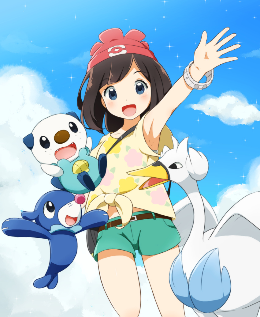 :d arm_up armpits bag bangs beak beanie belt bird bird_wings black_hair blue_eyes blue_sky blush bracelet cloud cloudy_sky collarbone day eyebrows_visible_through_hair fangs feathered_wings feathers flat_chest flippers floral_print gen_5_pokemon gen_7_pokemon green_shorts handbag hat highres jewelry leg_up looking_at_viewer mizuki_(pokemon) open_mouth oshawott otter parted_bangs poke_ball_theme pokemon pokemon_(creature) pokemon_(game) pokemon_sm popplio red_hat reitou_ichigo seashell shell shirt short_hair short_sleeves shorts sky smile sparkle standing standing_on_one_leg strap swan swanna tied_shirt tongue wings yellow_shirt z-ring