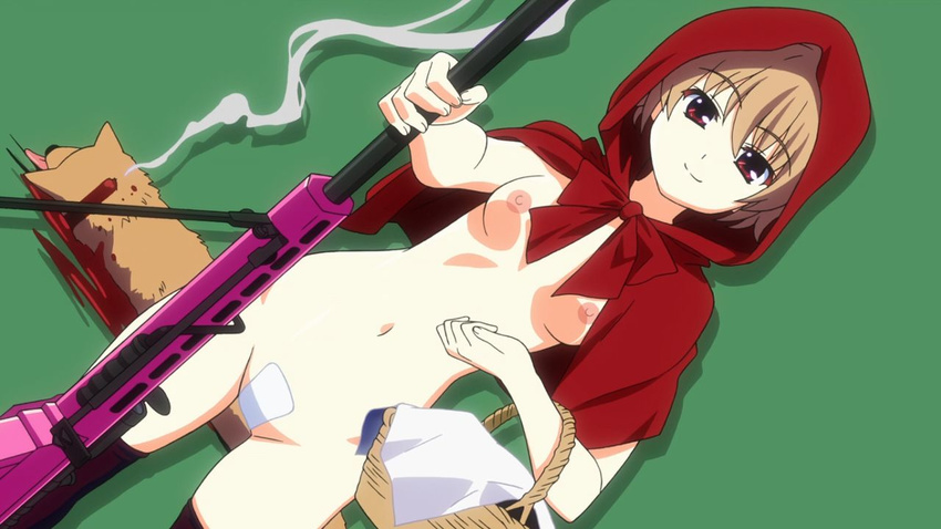 1girl basket breasts brown_hair grisaia_(series) grisaia_no_kajitsu gun holding_weapon irisu_makina looking_at_viewer navel nipples red_hood short_hair smile solo tagme thighhighs