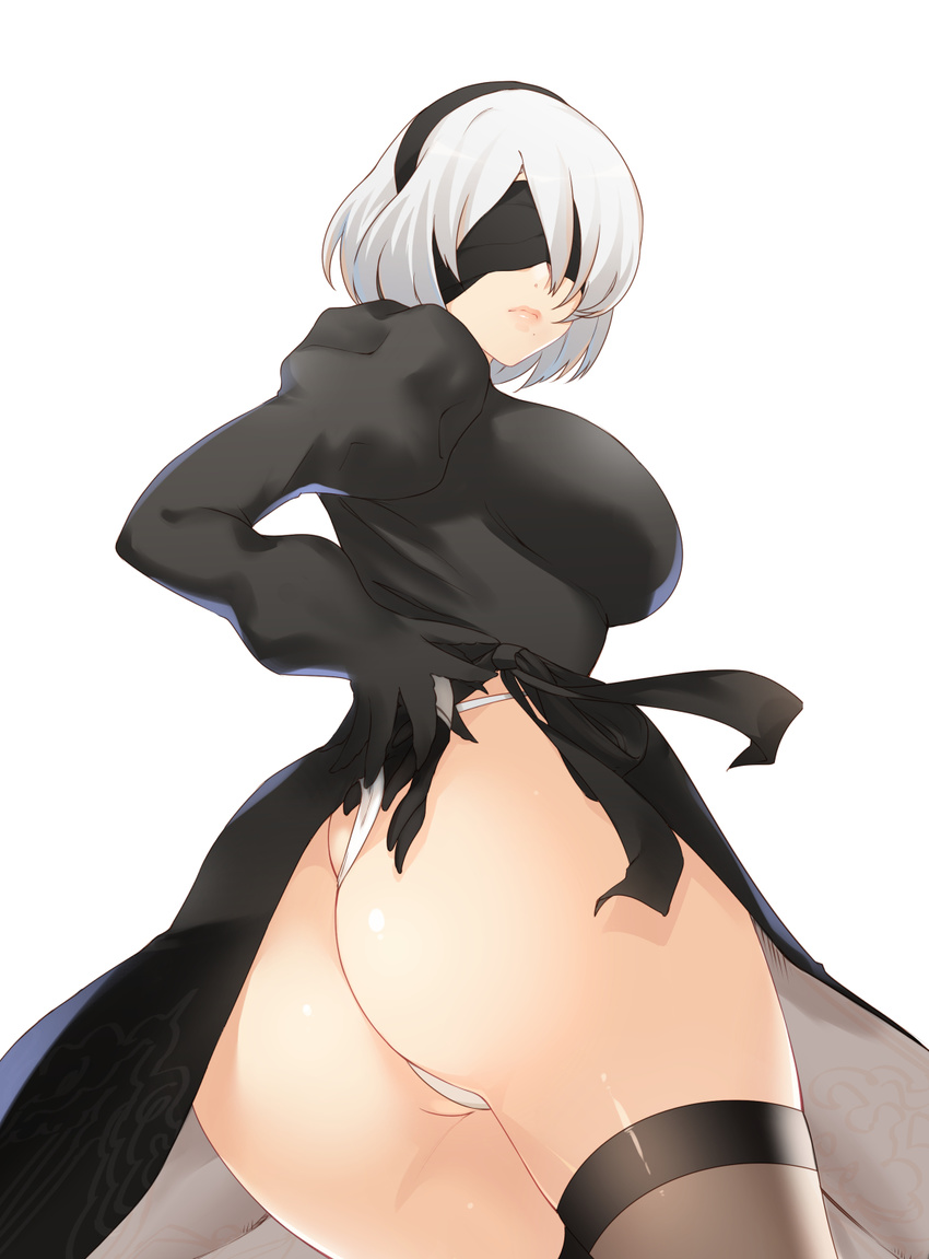 ass black_dress black_gloves black_legwear blindfold breasts closed_mouth commentary_request cowboy_shot dress facing_viewer from_behind gloves hairband highres juliet_sleeves large_breasts long_sleeves looking_back nier_(series) nier_automata panties puffy_sleeves short_hair solo thighhighs underwear white_hair white_panties x&amp;x&amp;x yorha_no._2_type_b