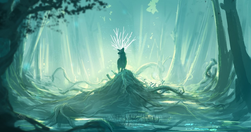 anatofinnstark animal antlers artstation_sample backlighting blurry deer depth_of_field fantasy forest glowing grass image_sample landscape mononoke_hime nature no_humans roots scenery shishigami_(mononoke_hime) signature spirit studio_ghibli tree