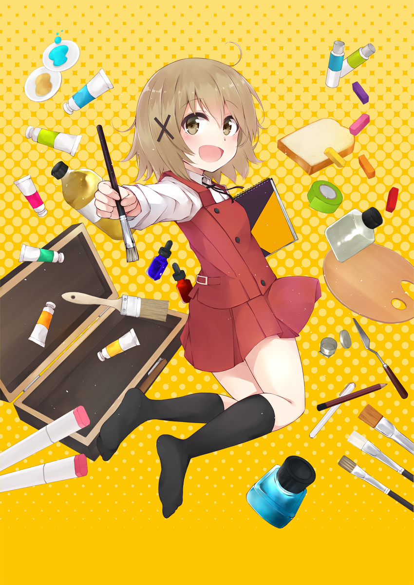 :d black_legwear blush bolo_tie bottle bread brown_eyes brown_hair case colis_(regunm772) collared_shirt eyebrows_visible_through_hair food from_side full_body hair_between_eyes hair_ornament halftone halftone_background hidamari_sketch highres holding holding_paintbrush inkwell kneehighs legs_up long_sleeves looking_at_viewer no_shoes open_mouth outstretched_arm paint paintbrush palette pen pencil pleated_skirt red_skirt red_vest school_uniform shirt sketchbook skirt smile solo vest white_shirt wing_collar x_hair_ornament yellow_background yuno