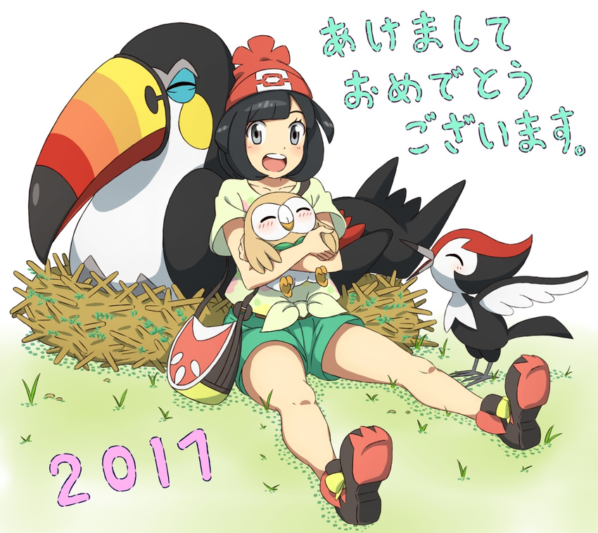 2017 :d ^_^ akeome bag bangs bare_arms bare_legs beak beanie belt bird black_hair blush bob_cut brown_belt carrying closed_eyes collarbone crossed_arms floral_print full_body gen_7_pokemon grass green_shorts grey_eyes handbag happy_new_year hat holding looking_at_viewer mizuki_(pokemon) nest new_year open_mouth owl parted_bangs pikipek pokemon pokemon_(creature) pokemon_(game) pokemon_sm red_hat rowlet shirt shoes short_hair short_sleeves shorts simple_background sitting smile sneakers strap talons teeth text_focus tongue toucan toucannon translation_request white_background wings woodpecker yellow_shirt you_(maumauyo)