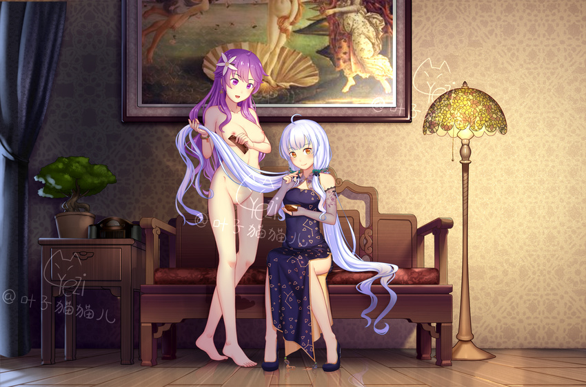 barefoot birth_of_venus blue_dress bonsai breasts chinese_clothes clothed_female_nude_female colored_pubic_hair couch curtains dongqing_zaozigao dress dress_shirt elbow_gloves fine_art_parody floor_lamp flower gloves hair_flower hair_ornament high_heels highres long_hair medium_breasts mo_qingxian multiple_girls navel nipples nude orange_eyes painting_(object) parody pubic_hair purple_eyes purple_hair pussy quad_tails radio reflection shirt shoes sitting standing vocaloid vocanese wallpaper_(object) white_hair xingchen