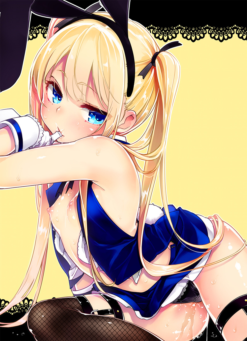 animal_ears azuma_sawayoshi bare_shoulders black_panties blonde_hair blue_eyes blush breasts bunny_ears bunny_tail dead_or_alive dead_or_alive_5 fake_animal_ears finger_in_mouth fishnet_legwear fishnets gloves hair_ribbon hairband highres long_hair looking_at_viewer marie_rose naughty_face nipples open_clothes open_shirt panties pussy_juice ribbon shirt skirt small_breasts solo sweat tail thighhighs twintails underwear white_gloves yellow_background