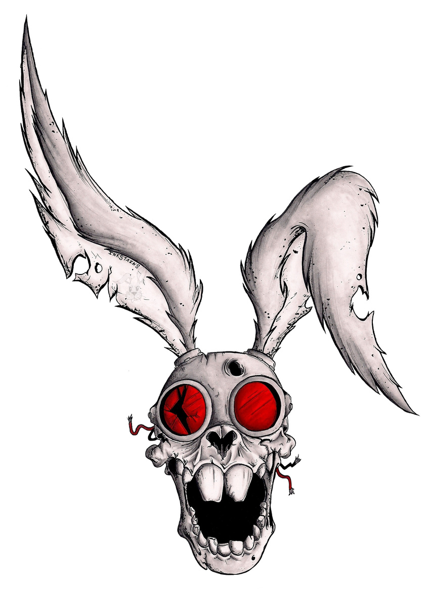 2017 anthro armor blackjack_o'hare bone buckteeth damaged eyewear fangs front_view grin guardians_of_the_galaxy hare helmet hi_res ink_stains lagomorph long_ears looking_at_viewer machine male mammal marvel open_mouth rabbit sharp_teeth simple_background skeleton skull smile solo solo_focus teeth traditional_media_(artwork) white_background wires