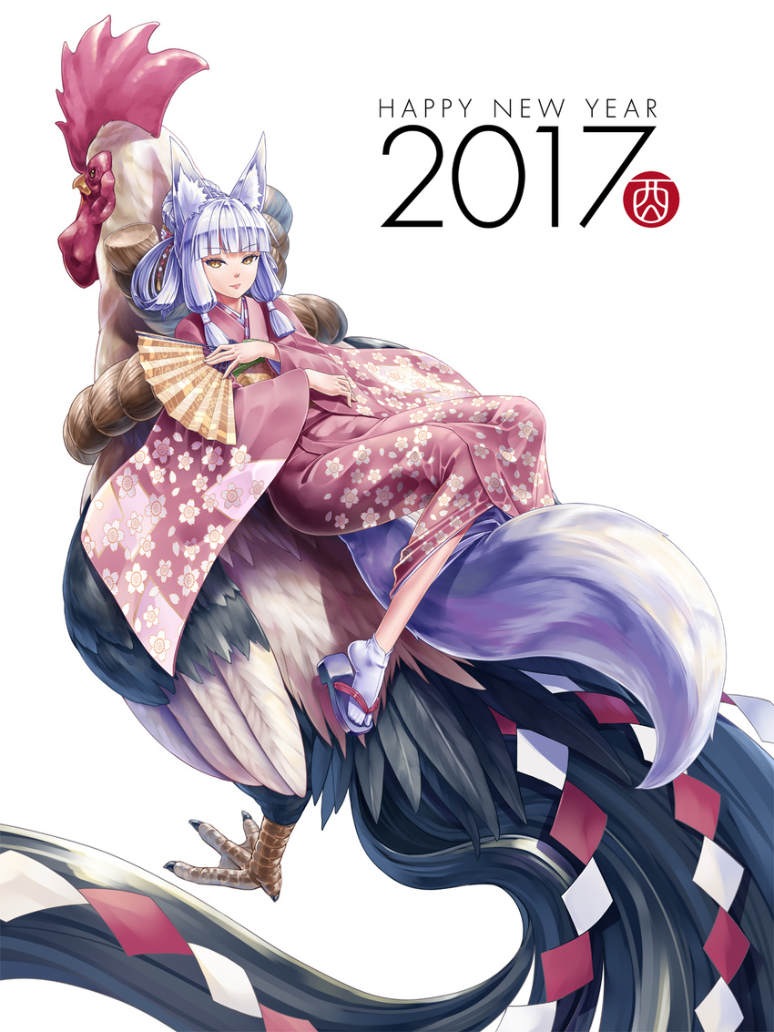 2017 bird chicken chinese_zodiac fan fox_girl fox_tail happy_new_year highres japanese_clothes kazuki_seihou kimono md5_mismatch new_year original rooster short_hair silver_hair slit_pupils solo tail year_of_the_rooster yellow_eyes