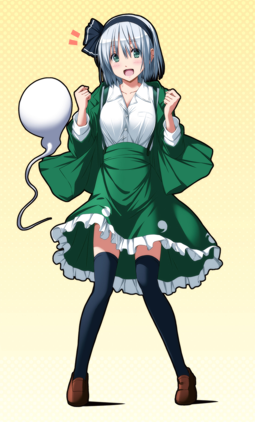 1girl :d adapted_costume apron black_hairband black_legwear blush breast_pocket breasts brown_footwear buttons clenched_hands collarbone collared_shirt commentary dress_shirt eyebrows_visible_through_hair floating frilled_apron frilled_skirt frills full_body ghost green_jacket green_skirt hair_ribbon hairband high-waist_skirt highres hitodama jacket konpaku_youmu konpaku_youmu_(ghost) legs_apart long_sleeves looking_at_viewer mary_janes medium_breasts myon_(phrase) nori_tamago open_clothes open_jacket open_mouth pocket polka_dot polka_dot_background ribbon shirt shoes short_hair skirt smile solo standing suspender_skirt suspenders tareme thighhighs touhou white_shirt wing_collar zettai_ryouiki