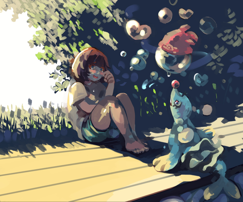 :d bangs bare_arms bare_legs barefoot beanie black_hair blue_eyes blush boardwalk bob_cut brionne bubble crying crying_with_eyes_open eyebrows_visible_through_hair feet gen_7_pokemon grass green_shorts hat hat_removed headwear_removed heart heart_bubbles leaf legs_together mayo_cha mizuki_(pokemon) no_shoes open_mouth pink_pupils poke_ball_theme pokemon pokemon_(creature) pokemon_(game) pokemon_sm red_hat shirt short_hair short_sleeves shorts sitting smile tears toes tongue tree wiping_tears yellow_shirt