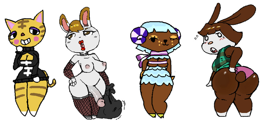 bottomless breasts butt caprine carmen_(animal_crossing) cat clothed clothing dickgirl feline female fishnet intersex lagomorph mammal nipples panties penis rabbit roy_mccloud sheep tabby_(animal_crossing) tiffany_(animal_crossing) underwear