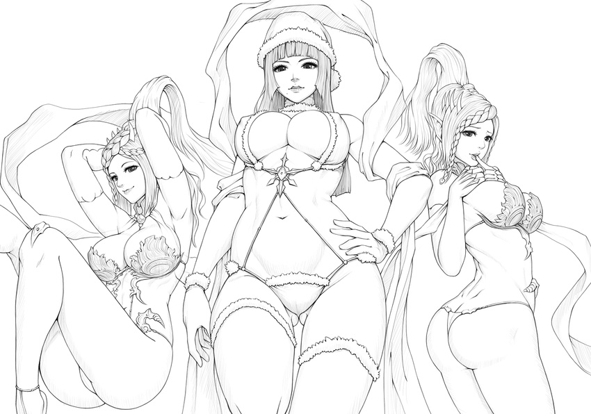 anklet armpits ass breasts butt_crack cameltoe cleavage final_fantasy final_fantasy_xv gentiana greyscale hagoromo hat highres huge_breasts jewelry lineart mole mole_under_mouth monochrome multiple_girls multiple_persona newash parted_lips revealing_clothes santa_hat shawl shiva_(final_fantasy) spoilers thong