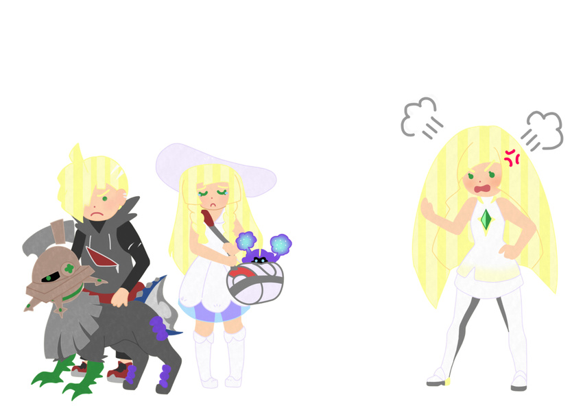! 1boy 2girls angry bag blonde_eyebrows blonde_hair brother_and_sister cosmog crying dress eyebrows gladio_(pokemon) green_eyes hat helmet lillie_(pokemon) lusamine_(pokemon) mother_and_daughter mother_and_son multiple_girls pokemon pokemon_(creature) pokemon_(game) pokemon_sm siblings simple_background tensama_(ten2009) type:_null white_background white_dress white_hat