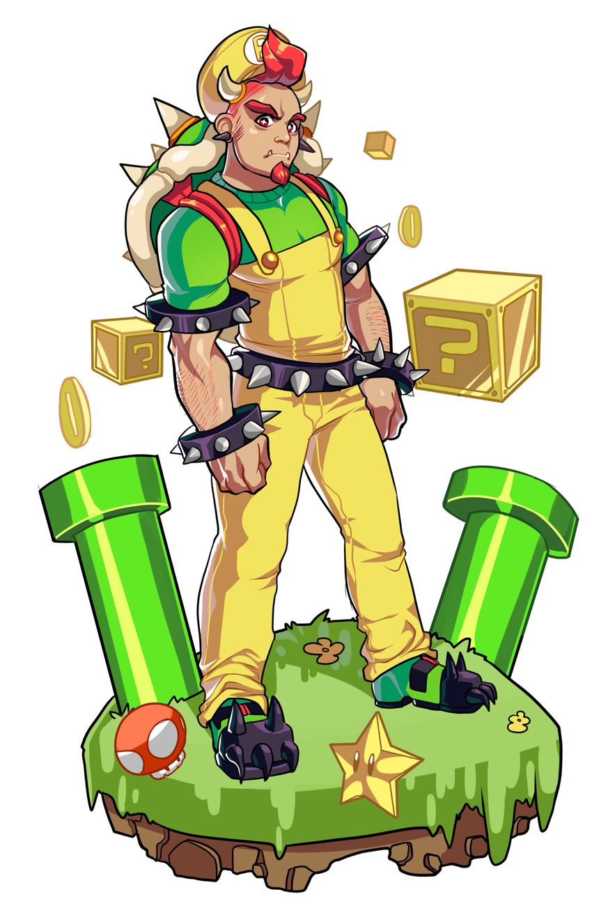 +_+ 1boy arm_hair armband backpack bag belt bowser bracelet claws coin facial_hair fangs goatee grass green_shirt hat highres horns jewelry male_focus mario_(series) muscle mushroom oskar_vega overalls personification question_block red_eyes red_hair shell shirt sparkling_eyes spiked_belt spiked_bracelet spiked_shell spikes starman_(mario) super_mario_bros. super_mushroom t-shirt thick_eyebrows turtle_shell warp_pipe
