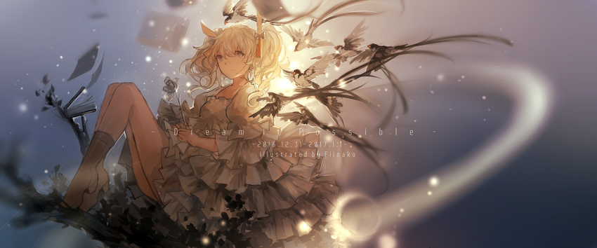2016 artist_name backlighting bird blonde_hair blue_background blue_eyes book boots branch brown_footwear closed_mouth commentary crescent dated dress english flower frilled_dress frills from_side full_body glowing glowworm_(zhan_jian_shao_nyu) gradient gradient_background hair_between_eyes hair_ribbon highres holding holding_flower knees_up leaf looking_at_viewer pages puffy_sleeves ribbon sitting solo text_focus twintails white_dress yi_yu zhan_jian_shao_nyu