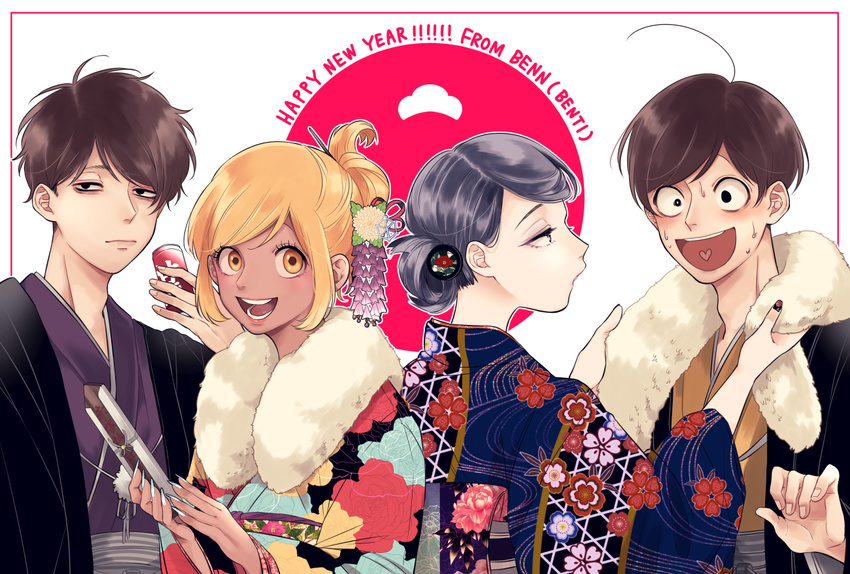 2boys 2girls :d adjusting_clothes ahoge artist_name back bangs benn_(benti) black_eyes black_hair blonde_hair blue_kimono border brothers brown_hair can chrysanthemum closed_mouth dark_skin english eyelashes fingernails flag_background floral_print flower folded_ponytail fur_trim furisode ganguro gradient hair_bun hair_flower hair_ornament hair_stick hakama haori happy_new_year heart heart_in_mouth holding holding_can ichiko_(osomatsu-san) japanese_clothes japanese_flag juushiko_(osomatsu-san) kanzashi kimono lipstick long_fingernails long_hair looking_at_viewer makeup matsuno_ichimatsu matsuno_juushimatsu messy_hair multiple_boys multiple_girls nail_polish new_year obi open_mouth osomatsu-kun osomatsu-san outside_border parted_lips pink_lips pom_pom_(clothes) profile red_border red_sun sash siblings sidelocks smile sweat swept_bangs upper_body wall-eyed white_background yellow_eyes