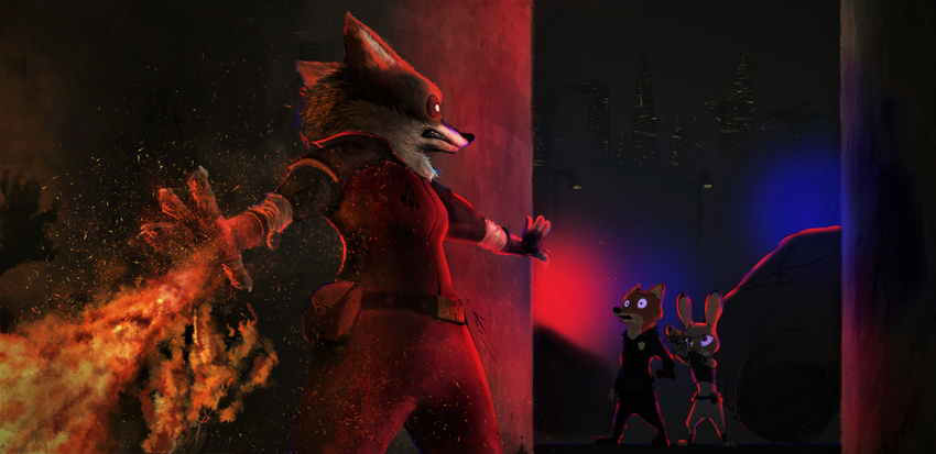2017 anthro black_and_white bulletproof_vest canine city clothed clothing disney fan_character female fire fox gun handgun holding_object holding_weapon judy_hopps lagomorph male mammal monochrome nick_wilde pistol police_car police_uniform rabbit ranged_weapon restricted_palette simple_background skyline sprinkah uniform weapon white_background wolf zootopia