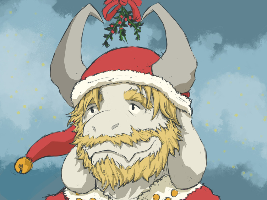 asgore_dreemurr beard boss_monster caprine christmas cloud facial_hair fangs fur galrock goat hat holidays horn long_ears mammal mistletoe plant ribbons santa_claus solo undertale video_games white_fur