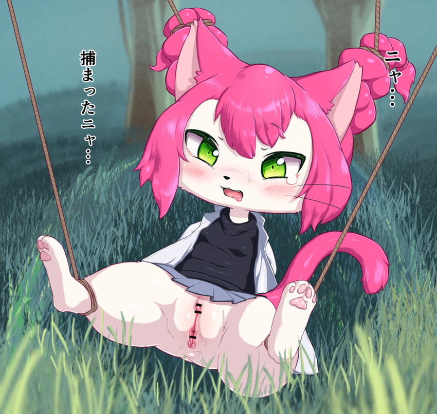 anal anthro bdsm bondage bound cat cat_busters clothing fangs feline female grass green_eyes hair japanese_text looking_at_viewer mammal morokko neko_hakase open_mouth paws pink_hair pussy rope skirt solo sweat tears text