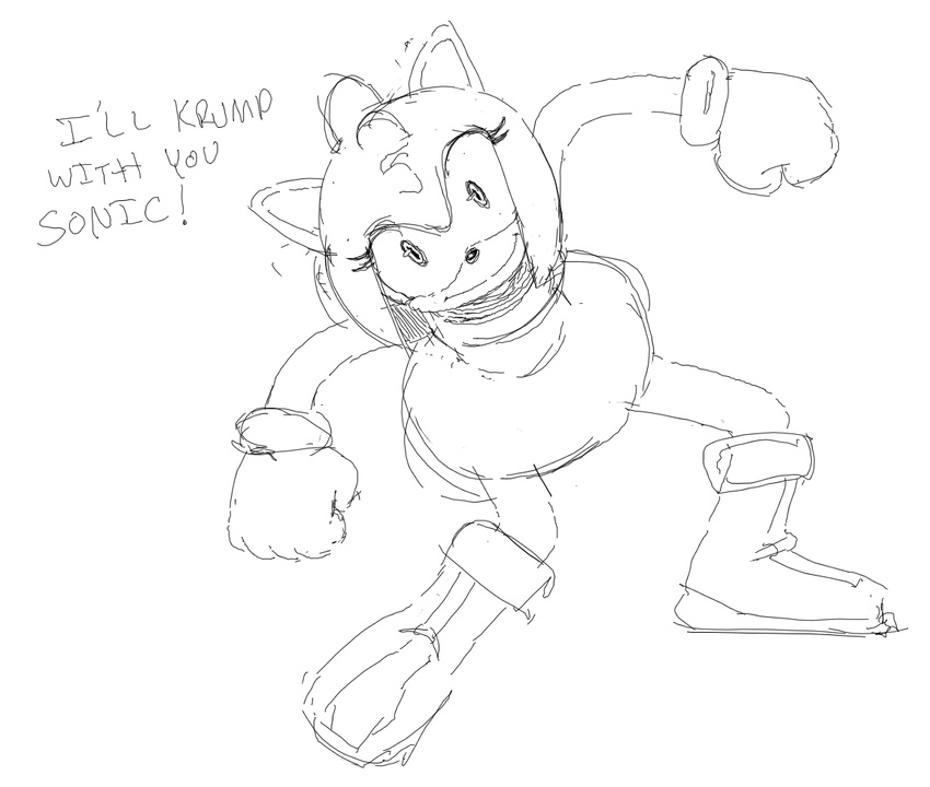 akunim amy_rose anthro black_and_white boots clothing dialogue dress english_text eyelashes female footwear hedgehog mammal monochrome smile solo sonic_(series) text the_simpsons what