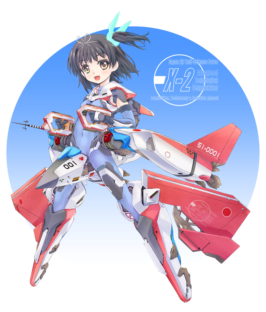 black_hair cockpit full_body highres jet_engine mao_(6r) mecha_musume original side_ponytail skin_tight solo wings x-2_shinshin yellow_eyes