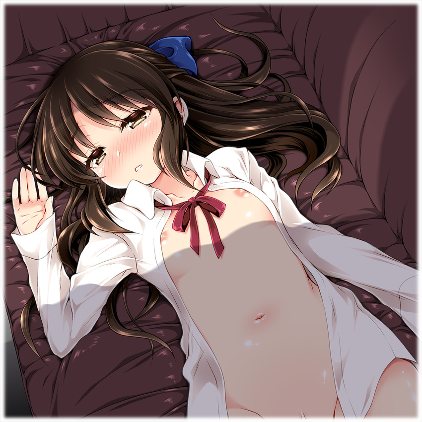 arm_up blush bottomless bow breasts brown_eyes brown_hair dress_shirt hair_bow highres idolmaster idolmaster_cinderella_girls long_hair looking_at_viewer lying naked_shirt navel nipples no_bra on_back open_clothes open_mouth open_shirt out-of-frame_censoring parted_lips pussy_peek ribbon sasahiro shadow shirt small_breasts solo tachibana_arisu