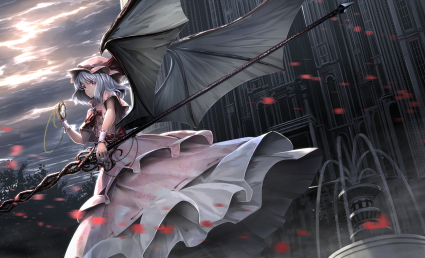 bat_wings brooch building cloud cloudy_sky dress fountain hat hat_ribbon highres holding holding_weapon jewelry lavender_hair looking_at_viewer mob_cap outdoors petals pocket_watch red_eyes red_ribbon remilia_scarlet ribbon ryosios short_hair short_sleeves sky solo spear_the_gungnir touhou watch water weapon wings wrist_cuffs