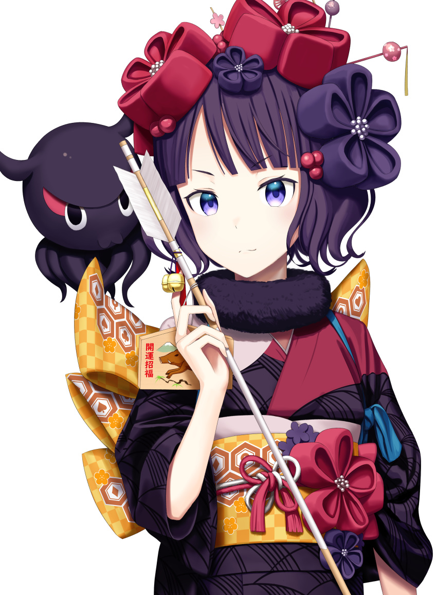 1girl absurdres animal arrow bangs bell blush bow checkered checkered_bow closed_mouth commentary_request eyebrows_visible_through_hair fate/grand_order fate_(series) fur_collar hair_ornament hamaya highres holding_arrow japanese_clothes jingle_bell katsushika_hokusai_(fate/grand_order) kimono obi octopus orange_bow purple_eyes purple_hair purple_kimono sanbe_futoshi sash short_hair simple_background smile tokitarou_(fate/grand_order) upper_body v-shaped_eyebrows white_background