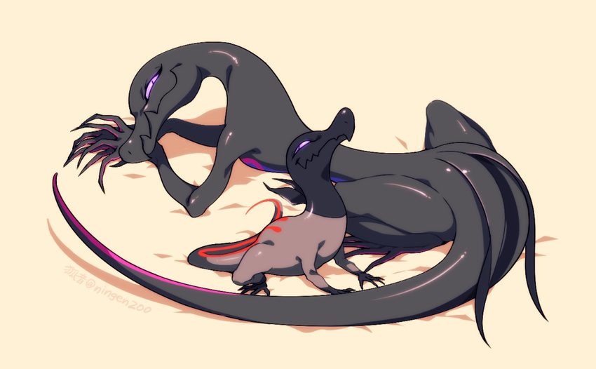 gen_7_pokemon ko-on_(ningen_zoo) lizard lizard_tail no_humans pokemon pokemon_(creature) purple_eyes salandit salazzle simple_background slit_pupils smile tail twitter_username yellow_background