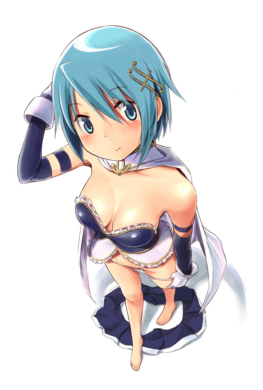 barefoot black_skirt blue_eyes blue_hair breasts breasts_apart bustier cape closed_mouth commentary downblouse dress elbow_gloves eyebrows eyebrows_visible_through_hair fortissimo fortissimo_hair_ornament frills from_above full_body gloves hair_between_eyes hair_ornament hairclip hand_behind_head highres legwear_removed looking_at_viewer mahou_shoujo_madoka_magica medium_breasts miki_sayaka miniskirt navel panties panty_pull parted_lips pleated_skirt short_hair simple_background skirt skirt_removed solo standing underwear undressing wa_(genryusui) white_background white_cape white_gloves white_panties