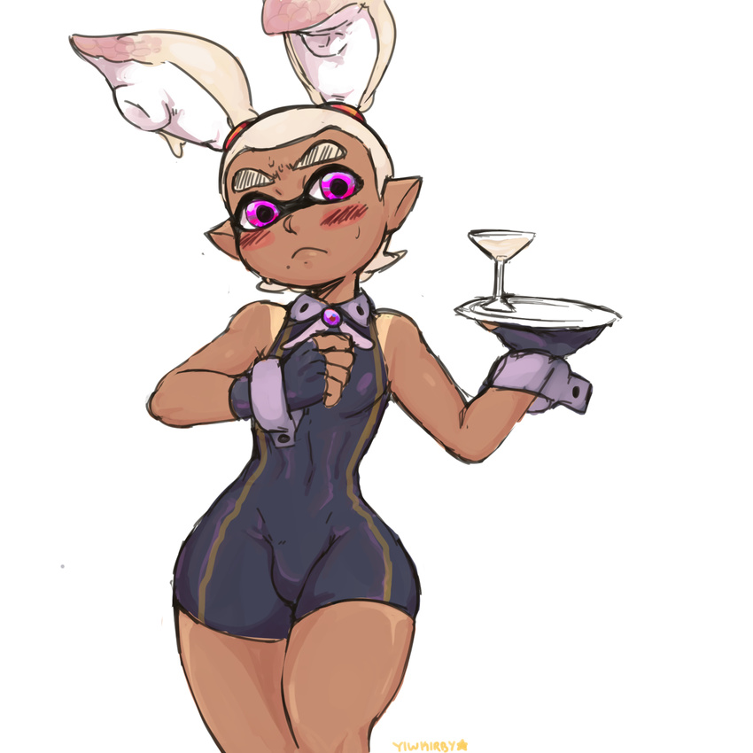 :&lt; alcohol beverage blush bulge bunny_costume clothing dark_skin domino_mask eyebrows fake_ears fake_rabbit_ears fingerless_gloves gloves hair humanoid inkling male mask nintendo pigtails pink_eyes shirt_collar shirt_cuffs simple_background splatoon tight_clothing video_games white_background white_hair wide_hips ylwkirby