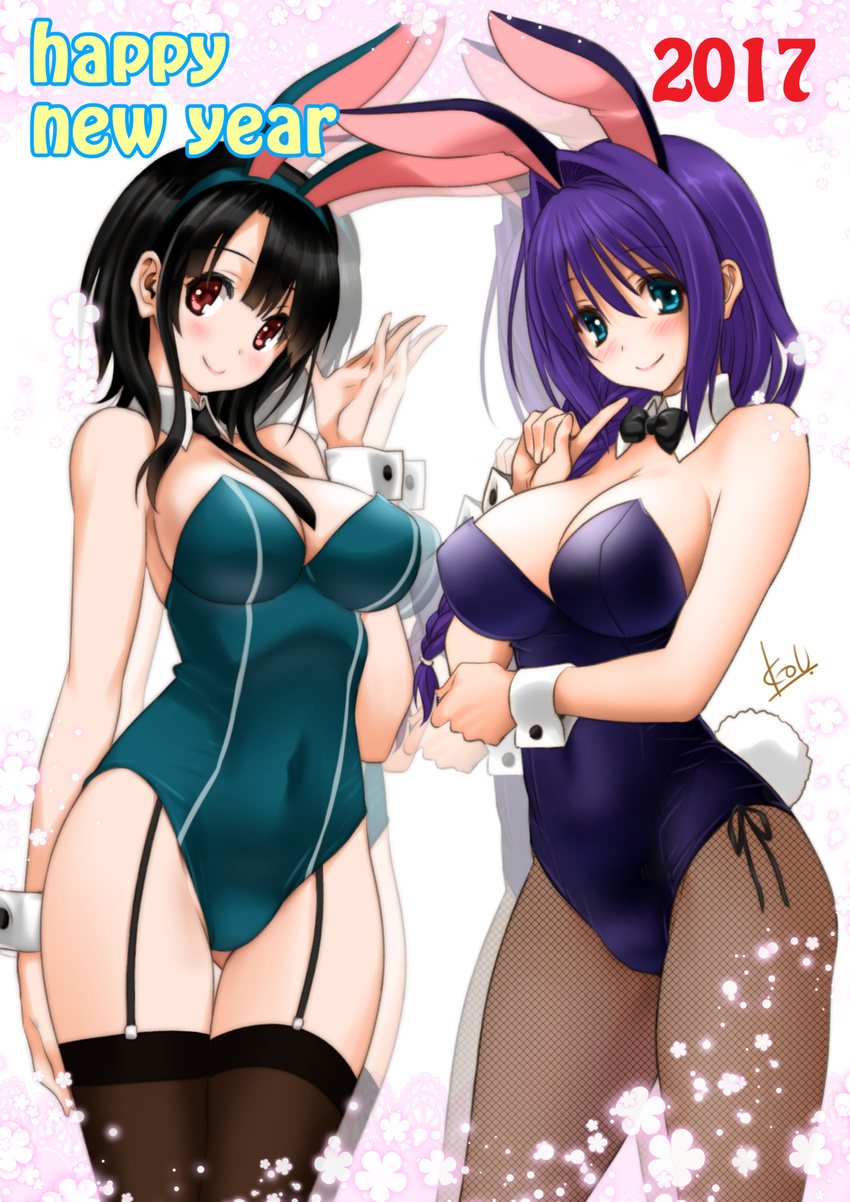 2girls adapted_costume animal_ears artist_name ass_visible_through_thighs bare_shoulders black_hair black_legwear blue_eyes blue_leotard blush bow bowtie braid breasts bunny_ears bunny_tail bunnysuit cleavage covered_navel crossover detached_collar fake_animal_ears finger_to_face fishnet_pantyhose fishnets flower garter_straps happy_new_year highres kanon kantai_collection large_breasts leotard lips long_hair looking_at_viewer mature minase_akiko mitarashi_kousei multiple_girls necktie new_year pantyhose purple_hair purple_leotard red_eyes shiny shiny_hair short_hair side-tie_leotard sidelocks signature single_braid smile tail takao_(kantai_collection) thighhighs wrist_cuffs