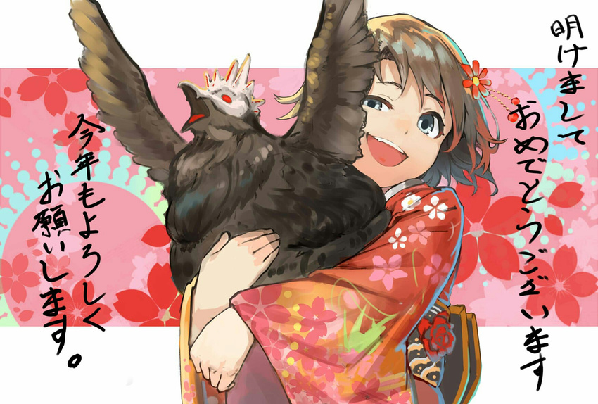 :d akeome animal bangs bird blue_eyes brown_hair chicken chinese_zodiac commentary_request eyebrows_visible_through_hair feathers floral_background floral_print flower grimm hair_flower hair_ornament happy_new_year highres holding holding_animal japanese_clothes kimono kotoyoro long_sleeves new_year obi open_mouth print_kimono red_eyes rooster ruby_rose rwby sash short_hair silver_eyes smile tobihira translation_request upper_body wide_sleeves wings year_of_the_rooster