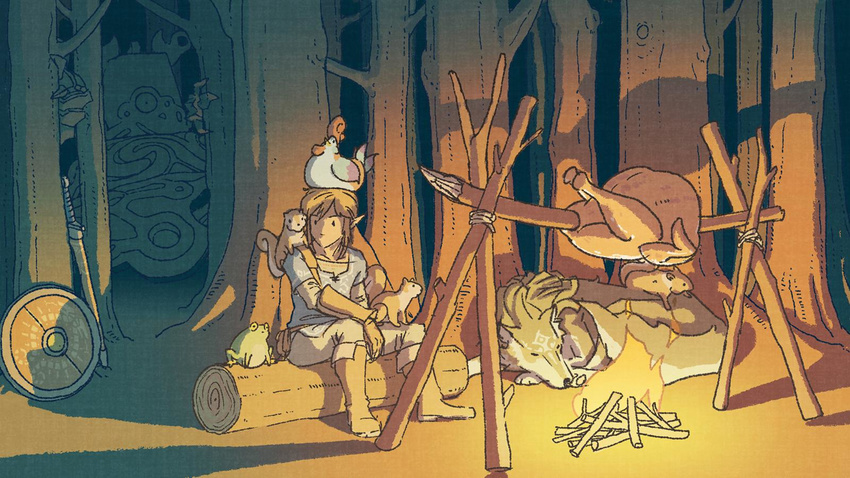 animal animal_on_head bird campfire chicken fire food guardian_(breath_of_the_wild) highres link link_(wolf) log meat monster nintendo official_art on_head roasting shield sleeping squirrel sword the_legend_of_zelda the_legend_of_zelda:_breath_of_the_wild the_legend_of_zelda:_twilight_princess tree weapon wolf