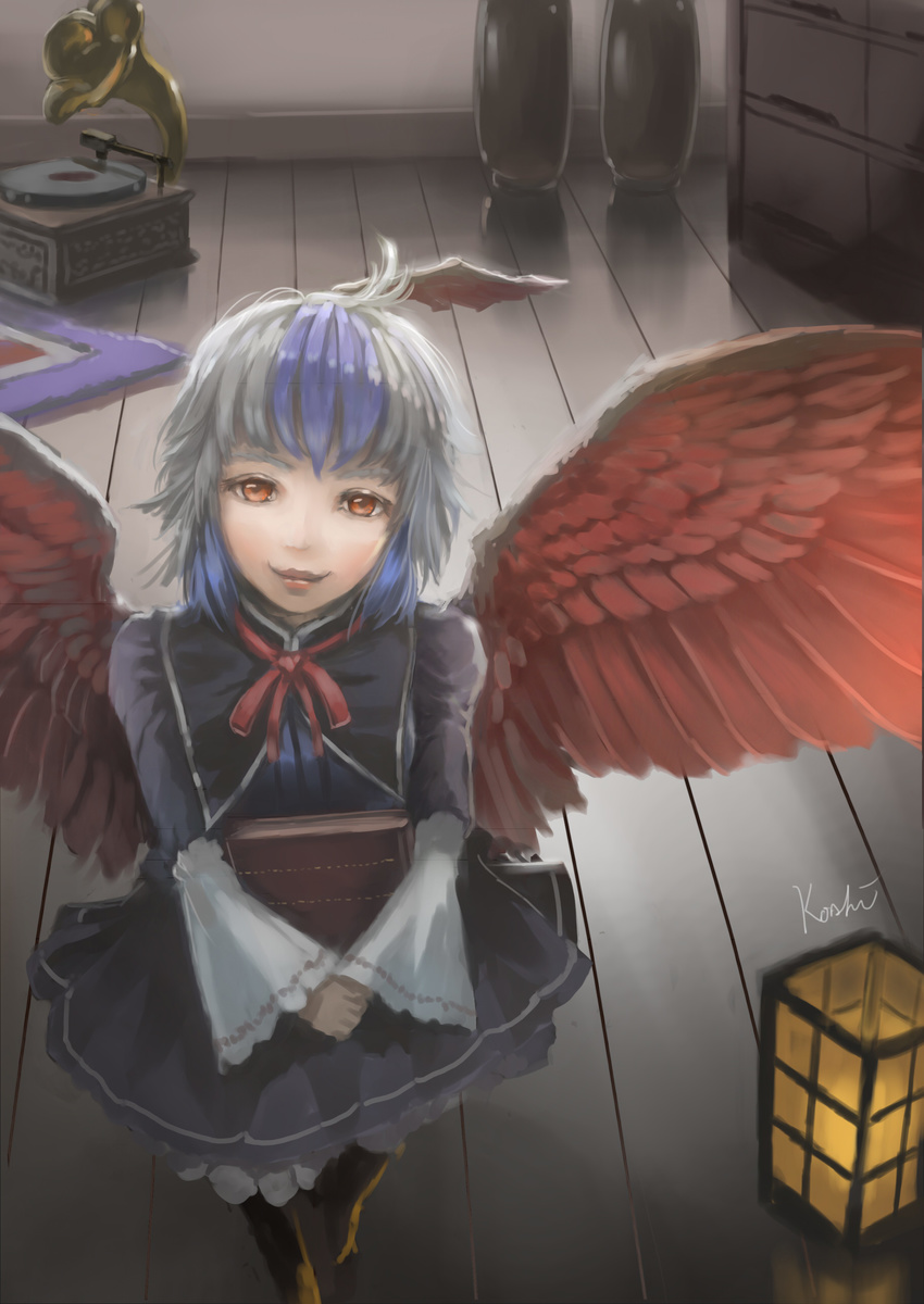 absurdres ahoge artist_name bird_wings black_dress blue_hair book book_hug chest_of_drawers dress eyebrows feathered_wings from_above hands_clasped head_tilt highres holding holding_book indoors koshi_(koshi_vortex) lace-trimmed_sleeves lantern light_smile lips long_sleeves looking_at_viewer looking_up multicolored_hair own_hands_together phonograph red_eyes red_lips red_ribbon ribbon rug silver_hair solo tokiko_(touhou) touhou two-tone_hair vase wings wooden_floor