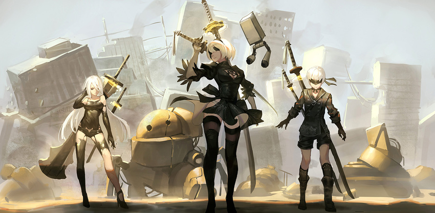 2girls black_dress black_footwear black_legwear blindfold boots brown_eyes city damaged dress elbow_gloves gloves gods_(1073337800) hairband high_heels huge_weapon jacket katana knee_boots kneehighs long_hair multiple_girls nier_(series) nier_automata panties panty_peek pod_(nier_automata) robot ruins sheath sheathed shoes short_hair short_shorts shorts side_slit single_thighhigh sword tank_top thigh_boots thighhighs underwear weapon white_hair white_panties wind wind_lift yorha_no._2_type_b yorha_no._9_type_s yorha_type_a_no._2