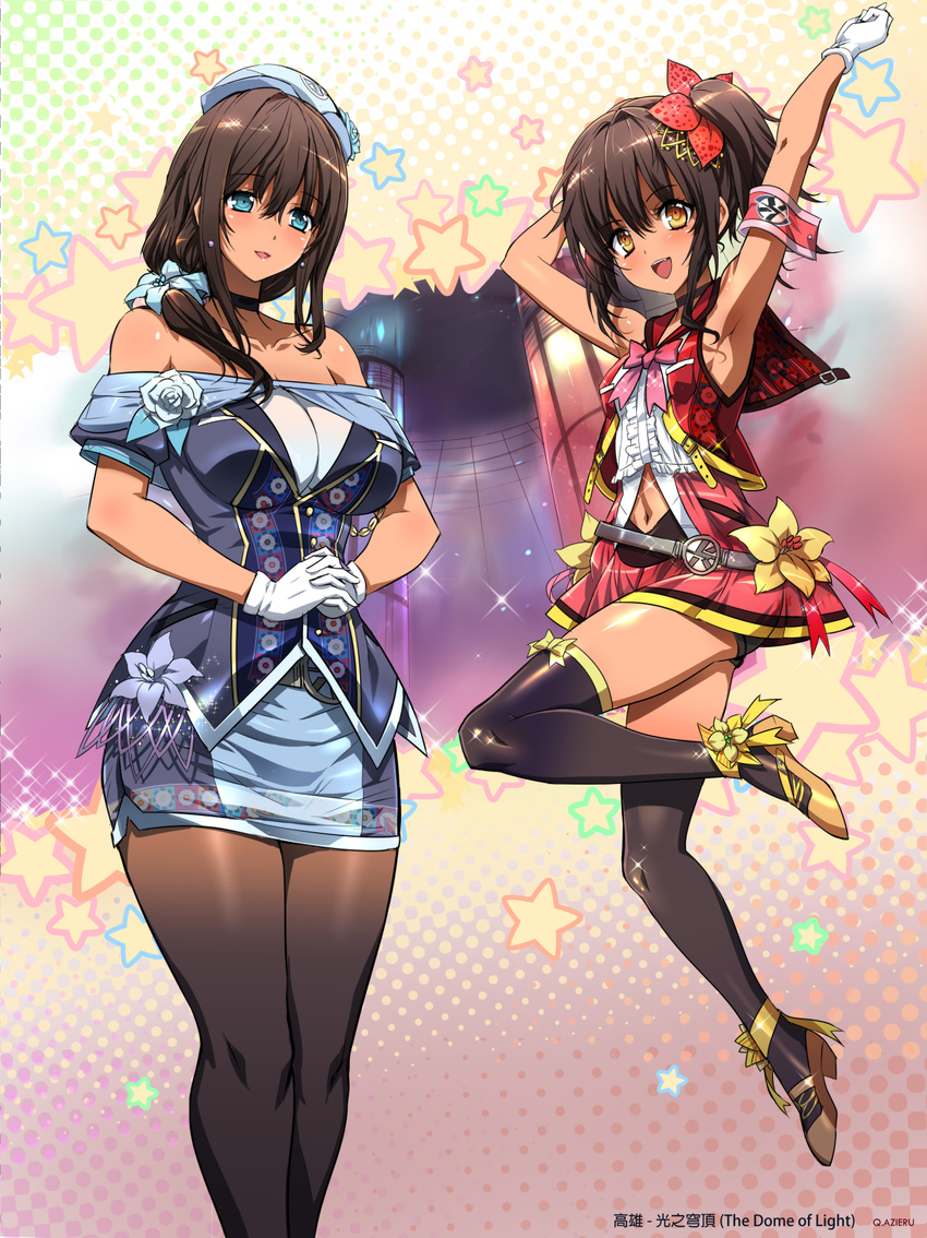 :d age_difference bare_shoulders blue_eyes brown_eyes brown_hair chinese_commentary choker commentary_request flower full_body gold_trim hair_flower hair_ornament high_heels highres jumping miniskirt multiple_girls open_mouth original pantyhose q_azieru shorts siblings side_ponytail sisters size_difference skirt smile standing thighhighs wide_hips