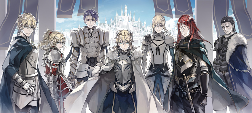 5boys agravain_(fate/grand_order) airgetlam_(fate) armor armored_dress artoria_pendragon_(all) artoria_pendragon_(lancer) bedivere cape castle commentary fate/apocrypha fate/extra fate/grand_order fate/stay_night fate_(series) full_armor fur_cape gauntlets gawain_(fate/extra) gloves knight knights_of_the_round_table_(fate) lancelot_(fate/grand_order) looking_at_viewer mordred_(fate) mordred_(fate)_(all) multiple_boys multiple_girls pauldrons ricedrawing sword tristan_(fate/grand_order) weapon