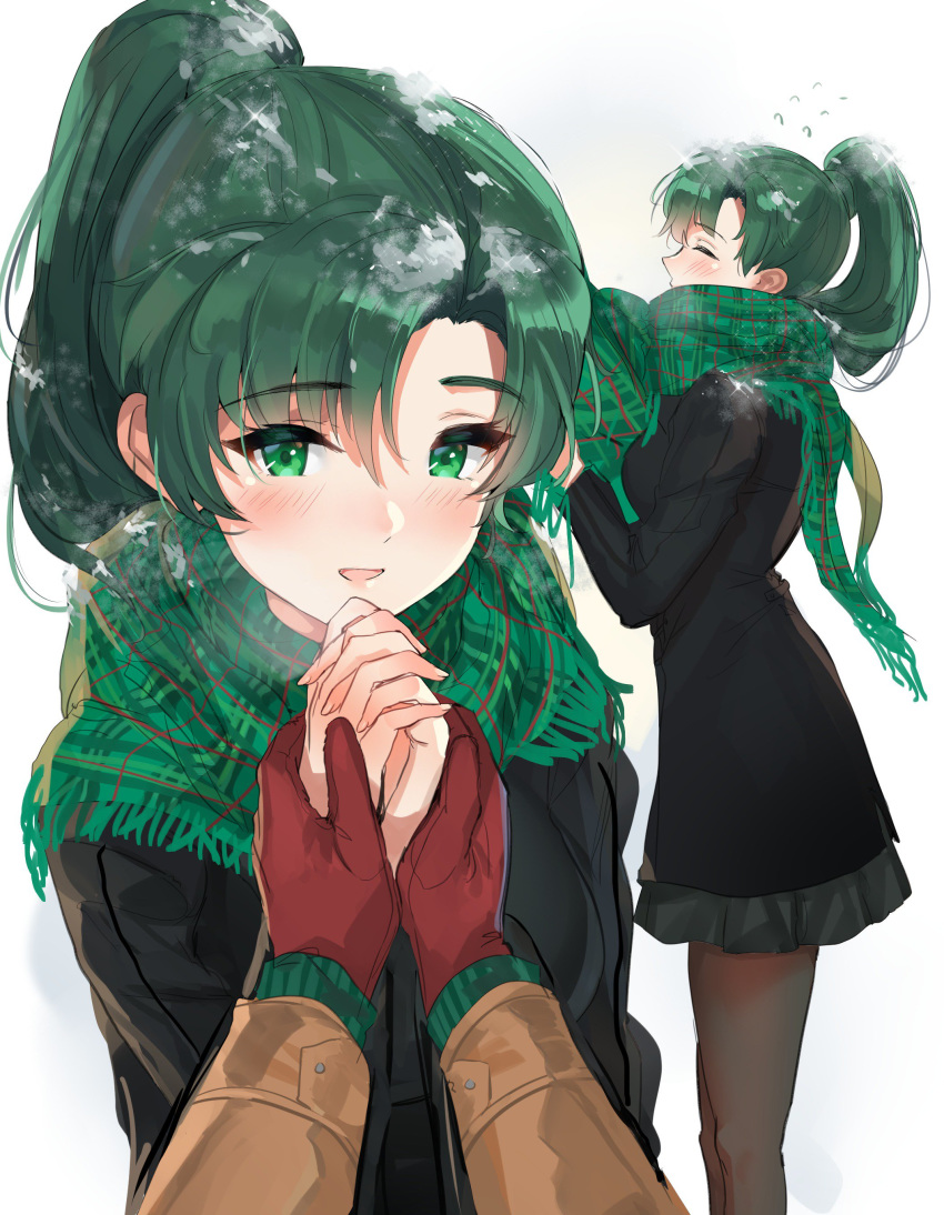 1boy 1girl absurdres blush breasts earrings eyes_closed fire_emblem fire_emblem:_rekka_no_ken fire_emblem_heroes green_eyes green_hair hand_holding high_ponytail highres jacket jewelry long_hair looking_at_viewer lyndis_(fire_emblem) medium_breasts nintendo open_mouth ormille pantyhose ponytail scarf simple_background skirt smile white_background winter_clothes