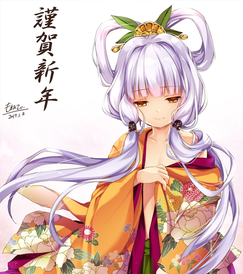 2017 alternate_costume bangs biwa_(flower_knight_girl) blunt_bangs blush brown_eyes closed_mouth collarbone commentary_request dated eyebrows_visible_through_hair floral_print flower_knight_girl hair_rings hair_tubes highres japanese_clothes kimono light_smile long_hair long_sleeves looking_at_viewer low_twintails moneti_(daifuku) off_shoulder open_clothes open_kimono signature silver_hair solo translation_request twintails wide_sleeves