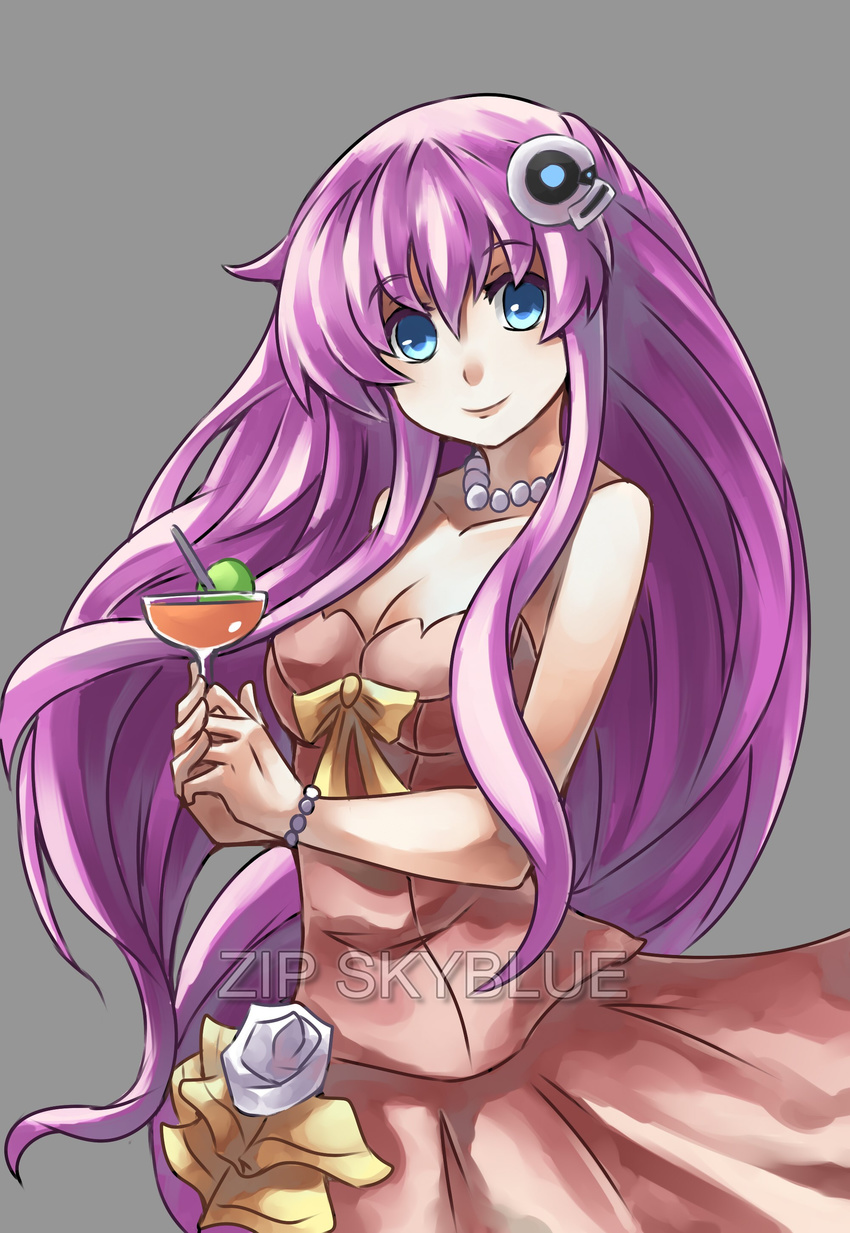 absurdres blue_eyes bracelet breasts cleavage cup dress drink drinking_glass glass grey_background hair_ornament highres holding holding_cup jewelry lips long_hair necklace nepgear neptune_(series) orange_dress pearl_bracelet pearl_necklace pink_hair purple_sister ryukenden smile solo