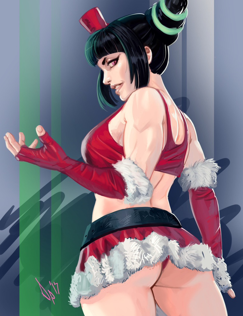 1girl ass diepod drill_hair fingerless_gloves from_behind fur_trim gloves han_juri highres miniskirt santa_costume skirt solo street_fighter street_fighter_v twin_drills