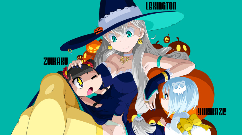 3girls =_= aoki_hagane_no_arpeggio aqua_background aqua_eyes armband bangs blonde_hair blue_dress blue_eyes blue_hair blue_nails blunt_bangs breast_lift breasts bridal_gauntlets character_name cheek_squash chibi choker cleavage closed_mouth collarbone colored_eyelashes crossed_legs double_bun dress earrings eyebrows_visible_through_hair green_panties hair_between_eyes hair_ornament halloween halloween_costume hand_on_another's_head hat head_tilt heart highres jack-o'-lantern japanese_clothes jewelry kamo_3 kimono large_breasts lexington_(aoki_hagane_no_arpeggio) long_hair looking_at_another multiple_girls nail_polish obi one_eye_closed open_mouth panties profile purple_eyes ring sash short_hair side-tie_panties side_slit sidelocks simple_background sitting skull_hair_ornament sleeveless sleeveless_dress smile strapless strapless_dress thighhighs underwear very_long_hair witch witch_hat yellow_legwear yukikaze_(aoki_hagane_no_arpeggio) zuikaku_(aoki_hagane_no_arpeggio)