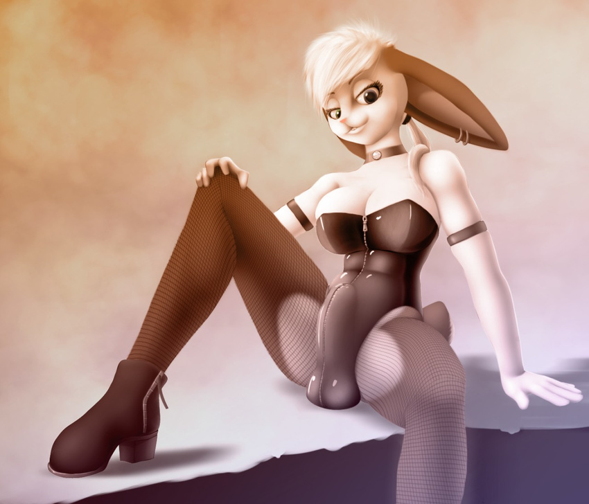 2017 abstract_background anthro arm_support big_ears biped black_clothing black_topwear boots breasts bulge bustier cleavage clothed clothing collar dickgirl digital_media_(artwork) ear_piercing elbow_gloves erection erection_under_clothes eyebrows fishnet footwear front_view fur gloves grey_fur grey_tail hair hand_on_knee intersex lagomorph long_ears long_hair mammal multicolored_fur penis_outline piercing ponytail rabbit short_tail sirus-the-hedgewolf sitting small_tail solo two_tone_fur white_fur white_hair