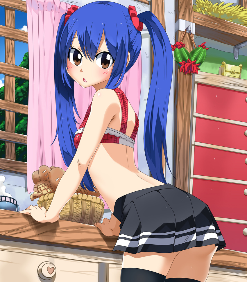 absurdres arm_support black_legwear black_skirt blue_hair blush bra bread brown_eyes cowboy_shot day fairy_tail food from_behind hair_between_eyes hair_ornament hair_scrunchie highres indoors leaning_forward long_hair looking_at_viewer miniskirt open_mouth planeptune pleated_skirt red_bra scrunchie shiny shiny_skin skirt solo standing steam thighhighs twintails underwear very_long_hair wendy_marvell window zettai_ryouiki